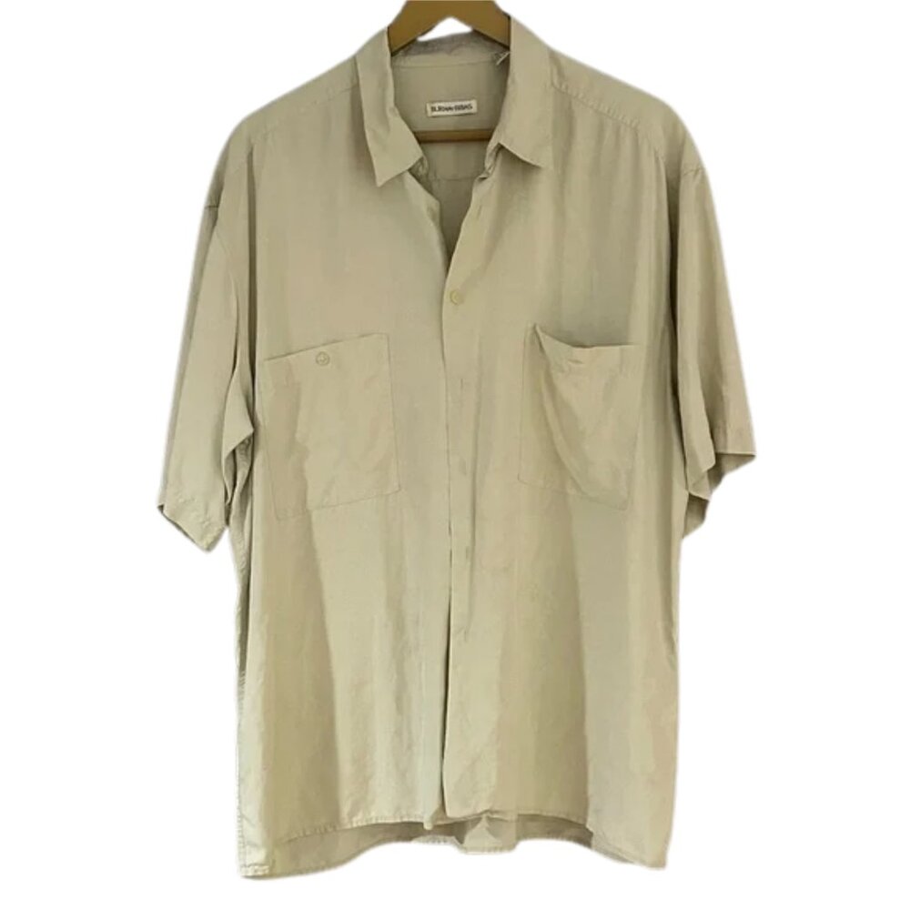 Men’s Silk Button-Up Shirt Light Beige Short Sleeve Classic Casual